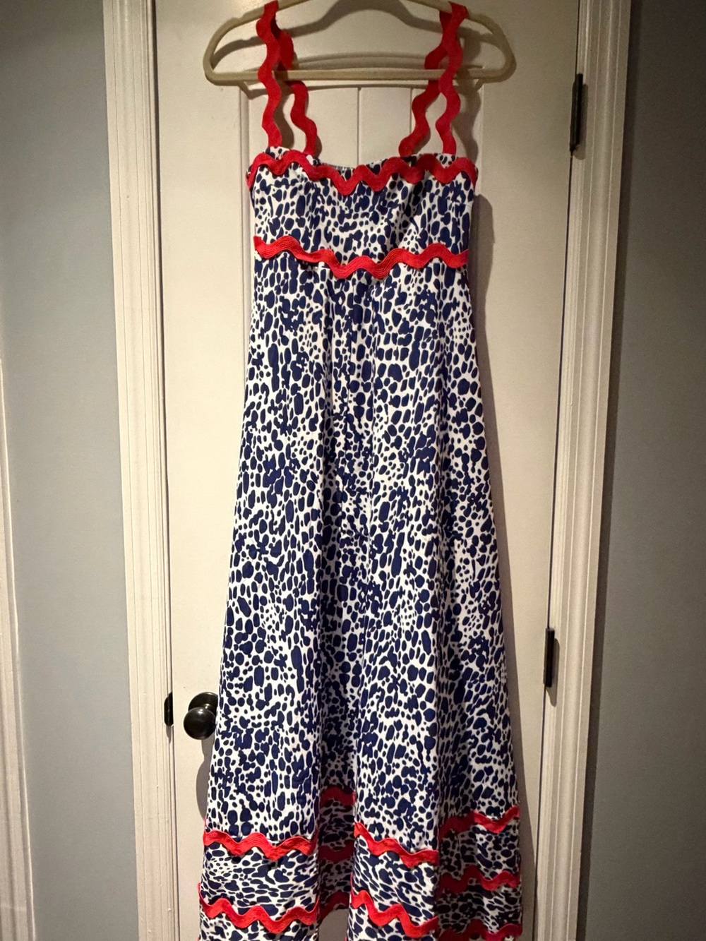 Women’s Blue and White Animal Print Maxi Dress with Red Trim